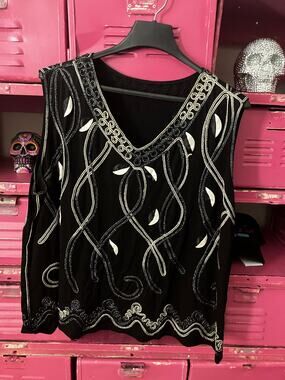 Vintage Leaf Applique Sleeveless Top Black White Metallic Trim Boho Artsy XL